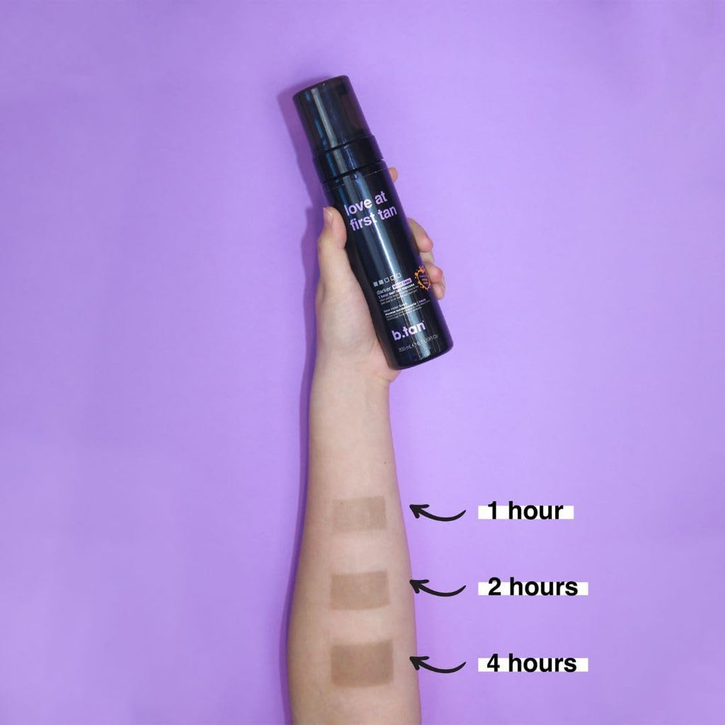 b.tan Large Violet Base Self Tanner Mousse | A Little Extra Love At First Tan - 1 Hour Express Sunless Tanning Foam, Cancels Orange Tones, Dark Bronze Glow, No Fake Tan Smell, Face & Body, 10.1 Fl Oz