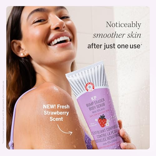 First Aid Beauty - KP Bump Eraser Body Scrub with 10% AHA, Keratosis Pilaris Exfoliater with Glycolic and Lactic acids, Helps Reduce Chicken Skin Bumps, Safe for Sensitive Skin, Strawberry Scent, 2 oz