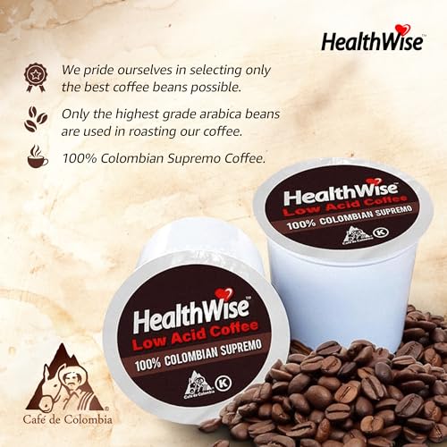 Healthwise Low Acid Coffee K-Cups - Soothe Acid Reflux & Heartburn, Gentle on Sensitive Stomachs, Eases Digestive Discomfort - Classic Columbian Supremo (Unflavored) - 12 Count (Pack of 1)