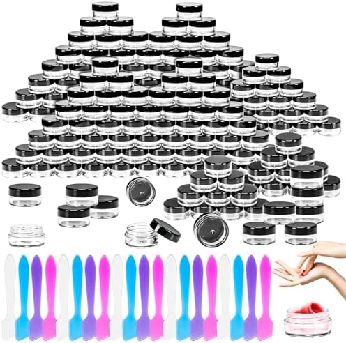 MotBach 100 Pcs 5g Empty Plastic Containers with Black Lids,Mini Makeup Sample Containers, Small Sample Pot Jars Round Cosmetic Jars with Mini Spatulas for Liquid Sample Powder Creams Lotions