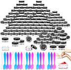 MotBach 100 Pcs 5g Empty Plastic Containers with Black Lids,Mini Makeup Sample Containers, Small Sample Pot Jars Round Cosmetic Jars with Mini Spatulas for Liquid Sample Powder Creams Lotions