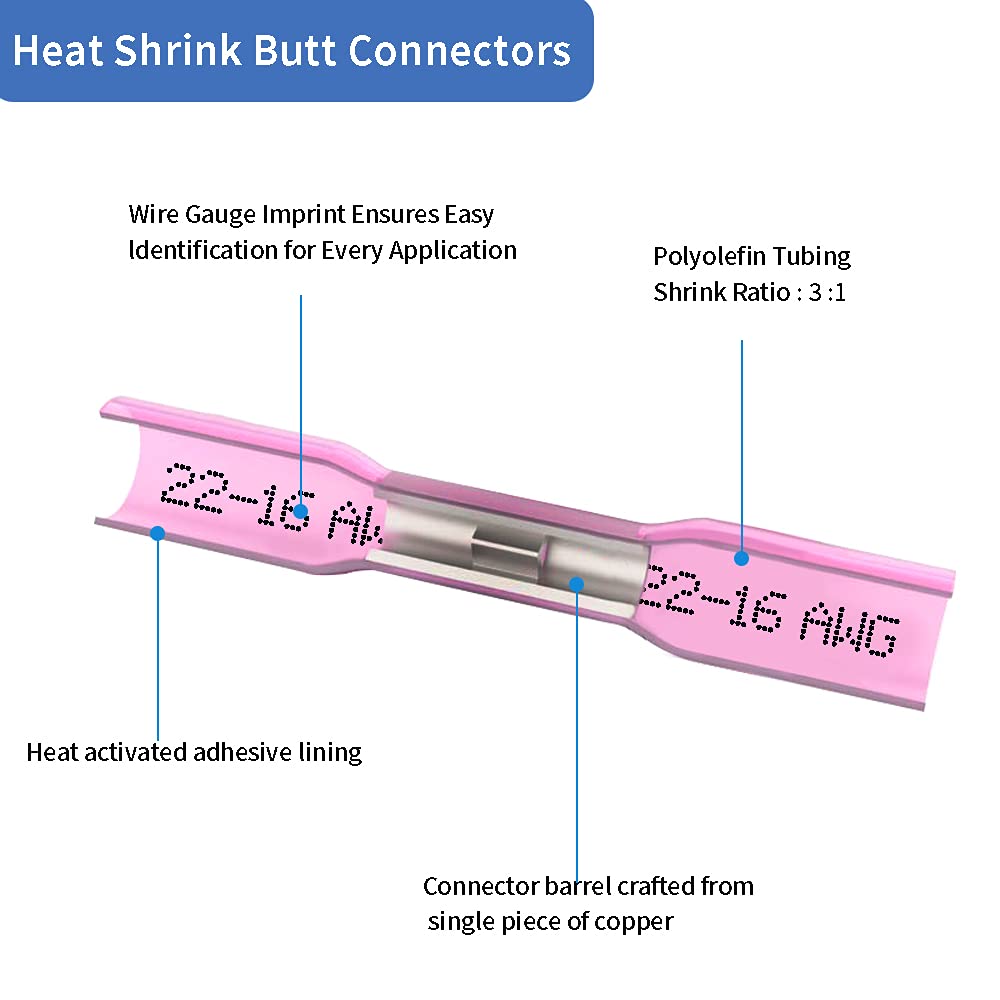 1000 Pcs Heat Shrink Butt Connectors, 22-16 AWG Marine Grade Insulated Crimp Wire Connectors, Waterproof Electrical Connectors Butt Splice for Boat Truck Wiring