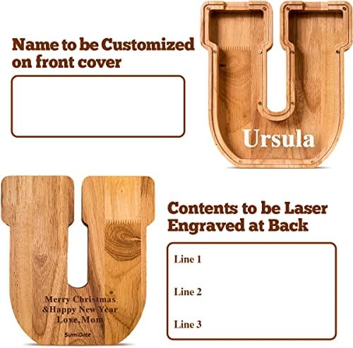 Summidate Customized Name Large Wooden Piggy Bank for Kids Boys Girls Alphabets Letter A-Z Coins Bills Money Change Bank Box Initial on Clear Cover (Laser Engraved) (Alphabet-U, Personalized-9")
