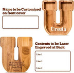 Summidate Customized Name Large Wooden Piggy Bank for Kids Boys Girls Alphabets Letter A-Z Coins Bills Money Change Bank Box Initial on Clear Cover (Laser Engraved) (Alphabet-U, Personalized-9")