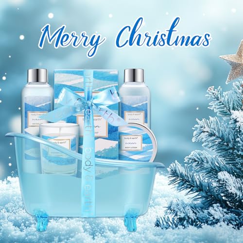 Bath and Body Gift Set for Women, Body & Earth Ocean Gift Basket, 7 Pcs Bath Sets for Women Gift with Bubble Bath, Body Lotion, Scented Candle, Spa Kit for Women, Christmas Gifts for Mom