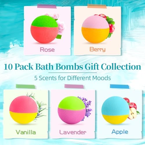 10 Bath Bombs Gift Set, Handmade with Natural Ingredients, 5 Aromatic Scents, Relaxing Bath Bombs for Women Men and Kids, Spa Gifts for Valentine's Day, Mothers Day, Best Birthday Gifts for Relaxation