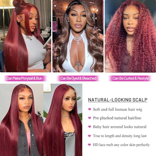 99j Burgundy Lace Front Wigs Human Hair 13x4 HD Lace Straight Red Wig Human Hair Colored Lace Frontal Wigs Human Hair 180% Density Burgundy Wig Human Hair Pre Plucked With Baby Hair 26 Inch