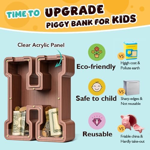 Summidate Wooden Letter Piggy Bank, Extra Thick Large Capacity Piggy Bank for Kids Boys Girls Toddler, Alphabet H Money Bank| Coin Box Birthday, Christmas, Festival