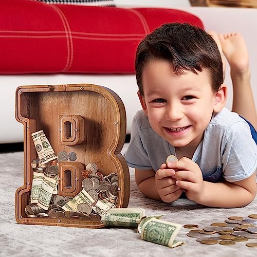 Summidate Large Wooden Piggy Bank for Kids Adults, Alphabets Letter A-Z Piggy Bank for Boys Girls, Coins Bills Change Bank Box Personalized Initial Name Kids Money Bank for Birthday Present and Decor