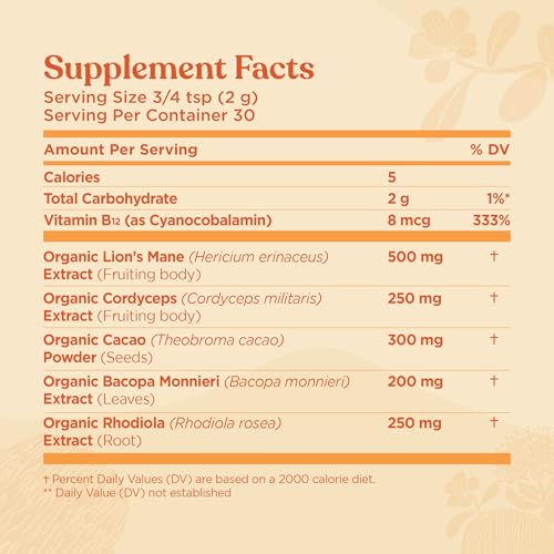 Four Sigmatic Focus Blend | Organic Lion's Mane Powder with Adaptogen and Mushroom Blend | Includes Cordyceps, Rhodiola, Bacopa & Mucuna | 30 Servings