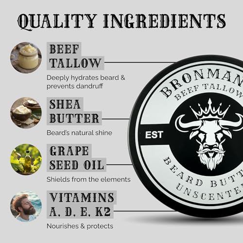 Beef Tallow Beard Butter for Men - 4oz - Hydrating Unscented Beard and Skin Balm with Shea Butter - Deeply Moisturizing Tallow