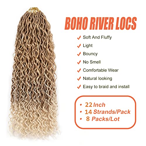Goddess Locs Crochet Hair 22 Inch Boho River Locs Hippie Locs Wavy Crochet With Curly Hair In Middle And Ends Braids Hair Extensions (8Packs,22 inch, T27/613)