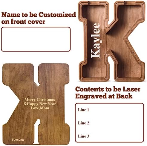 Summidate Customized Name Large Wooden Piggy Bank for Kids Boys Girls Alphabets Letter A-Z Coins Bills Money Change Bank Box Initial on Clear Cover (Laser Engraved) (Alphabet-K, Personalized-12)