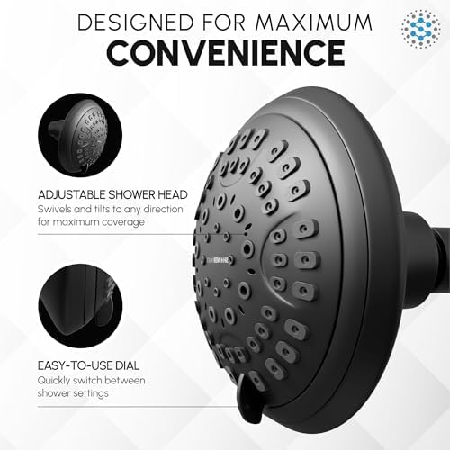 Luxury Spa Series, 6 Spray Setting, 4.5 Inch Adjustable High Pressure Shower Head Fixture for Hard Water, 360-Degree Tilt Massage Shower System - Matte Black
