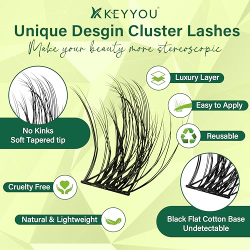 Lash Clusters 3D Effect Eyelash Clusters KEYYOU 144pcs D Curl 10mm Wispy Lashes Fluffy Cluster Lashes Natural Soft DIY Lash Extension(Radiance-D-10)