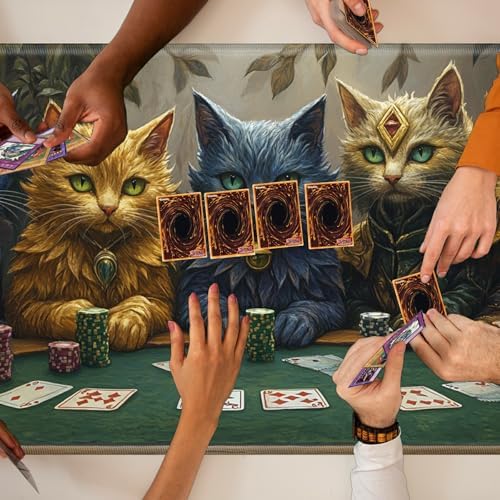 Playmats for Magic: The Gathering MTG Card Game Mat Plus 50 Pcs Card Sleeves, 24 x 14 inch TCG Mat with Stitched Edge for Commander Deck Duskmourn Board Game, Cats Play Poker