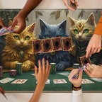Playmats for Magic: The Gathering MTG Card Game Mat Plus 50 Pcs Card Sleeves, 24 x 14 inch TCG Mat with Stitched Edge for Commander Deck Duskmourn Board Game, Cats Play Poker