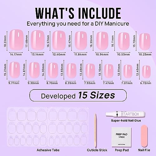 BTArtbox Press On Nails Short - Square Press On Nails, Pink Chrome Nail Tips Glue On Nails with Nail Glue, Reusable Stick On Nails in 15 Sizes - 30 Soft Gel Fake Nails Kit, Lotus Glazed