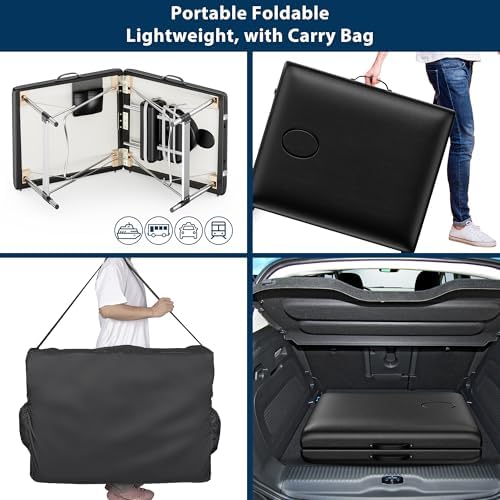 Brelley Massage Table Portable, 2-Fold Lash Bed with Side Pocket, Adjustable Height, Sturdy Aluminum Frame, Esthetician Spa Facial Bed, Tattoo Bed with Face Cradle & Carrying Bag, Black