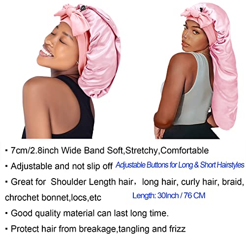Satin Silk Bonnet Hair Cap: Long Bonnets with Elastic Tie Band Adjustable Straps Jumbo Size Sleep for Sleeping Comfortable - Stretchy Tie Band Bonnets for Women Long Braid Curly Hair No Slip-Off Pink