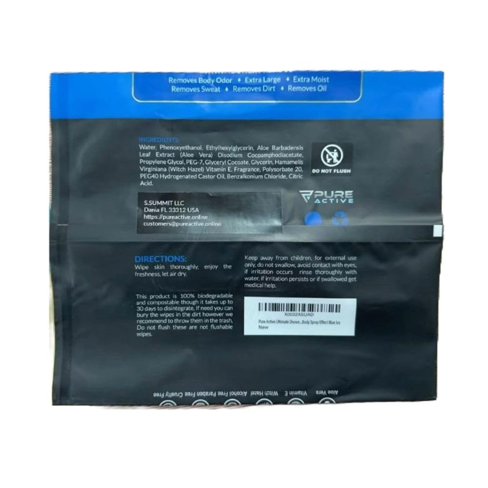 Pure Active XXL Body Wipes for Face and Body, Deodorizing Men's Shower Wipes for Camping, Travel, and After Workout, 12x12 Blue Ice Scented 30 Pack