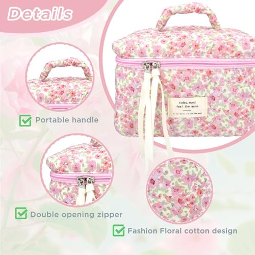Makeup Bag Large Travel Quilted Cosmetic Makeup Bag Organizer, Floral Cotton Coquette Aesthetic Toiletry Bag for Women Girls (Pink Floral-L)