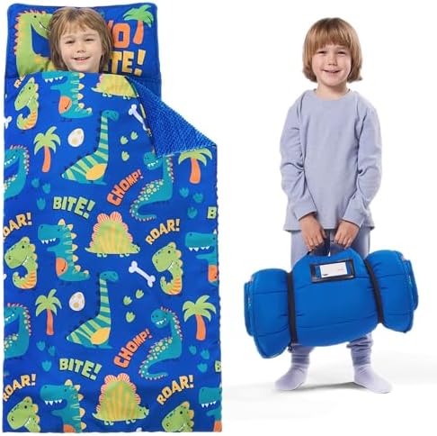 JOIEDOMI Toddler Nap Mat for Preschool 55''x30'' Sleeping Mat with Removable Pillow and Minky Blanket for Kids Ages 3-7 Roll Up Soft Kids Sleeping Bag for Boys Girls Kindergarten Daycare Sleepover