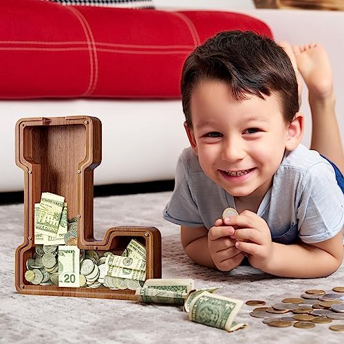 Summidate Customized Name Extra Large Wooden Piggy Bank for Kids Boys Girls Alphabets Letter A-Z Coins Bills Money Change Saving Box Clear Cover (Laser Engraved) Educational Toys 12"- Letter L