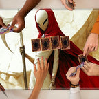 Playmats for Magic: The Gathering MTG Card Game Mat Plus 50 Pcs Card Sleeves, 24 x 14 inch TCG Mat with Stitched Edge for Commander Deck Duskmourn Board Game, Female Demo Holds Scythe