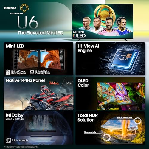 Hisense 65" Class U6 Series Best Value Mini-LED 4K UHD Smart Fire TV (65U65QF, 2025 Model) - QLED, Native 144Hz, HDR10+, Dolby Vision IQ, Dolby Atmos, Built-in Subwoofer, Game Mode Pro, Alexa Built In