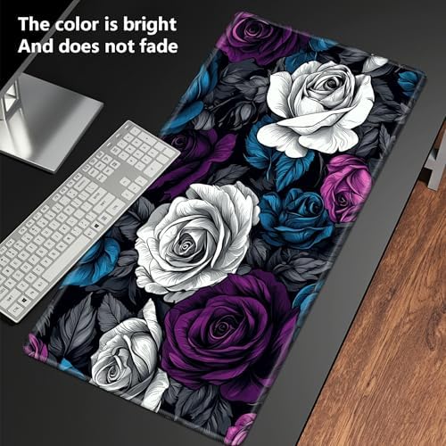 Playmats for Magic: The Gathering MTG Card Game Mat Plus 50 Pcs Card Sleeves, 24 x 14 inch TCG Mat with Stitched Edge for Commander Deck Duskmourn Board Game, Blue White Purple Roses