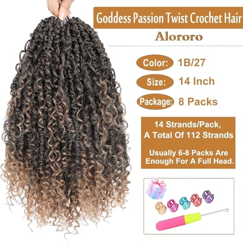 Boho Passion Twist Crochet Hair Passion Twist Hair Pre Looped Goddess Crochet Twists Bohemian Crochet Braids With Curly Ends Boho Braids Crochet Hair For Women (14 Inch (Pack of 8), 1B/27)