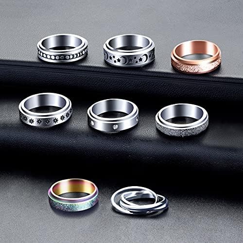 MUCAL Fidget Rings for Anxiety 8pcs Stainless Steel Spinner Ring Anti Anxiety Ring Spinning Moon Star Cool Stress Relieveing Rings for Women Men