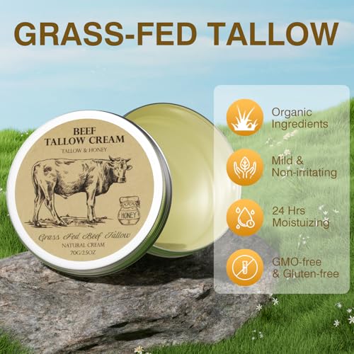 Beef Tallow for Skin, Tallow and Honey Balm,Tallow Face Moisturizer, Natural Organic Grass-Fed Beef Tallow Balm with Raw Honey Moisturizing Cream for Body Lotion Skin Care