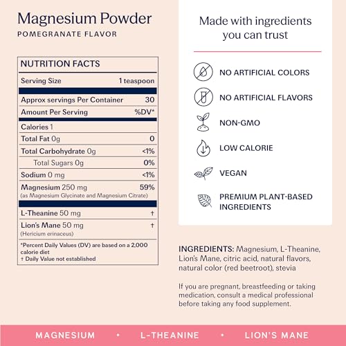 TRIP Magnesium Glycinate Powder with L-Theanine & Lion’s Mane, Sugar Free Magnesium Supplement for Adults, 250mg Magnesium per Drink Mix Serving, Pomegranate Orange Blossom, 1 Bag - 30 Servings