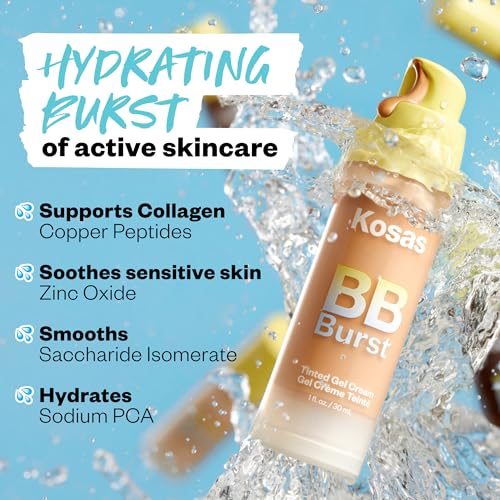 Kosas BB Burst Tinted Face Gel Cream - Supports Healthy Collagen, Smoothes Skin, Hydrates & Moisturizes- Lightweight Buildable Coverage - Medium Deep Neutral Olive 31, (1 Oz/30 ML)