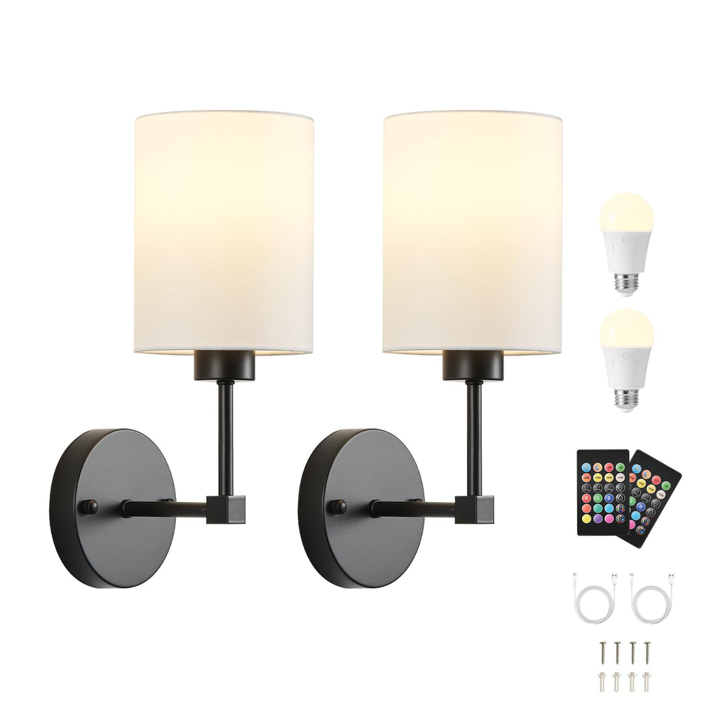 Battery Operated Wall Sconce Set of Two,Wireless Rechargeable Wall Light With Remote Control, Dimmable, 1800K/3000K/4000K/6000K/RGB, Timer, for Living Room, Bedroom, Fireplace, TV, 13.5 Inch, Black