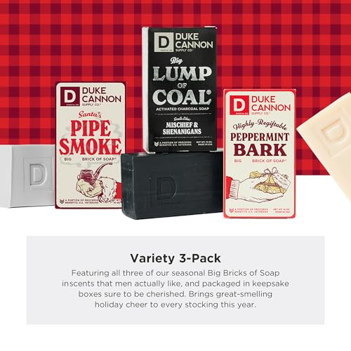 Duke Cannon Supply Co. Big Brick of Soap Bar For Men - Big Lump of Coal, Santa's Pipe Smoke, Highly Regiftable Peppermint Bark, Holiday Variety, 10 oz. (3 Pack)