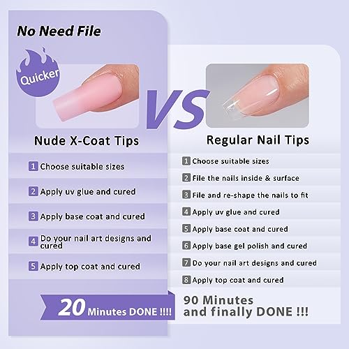 BTArtbox XCOATTIPS Soft Gel Nail Tips - Long Square Press On Nails Pink Colored Natural with Tip Primer Cover, One-Step Full Cover Fake Nails Gel Nails for Nail Extensions Art
