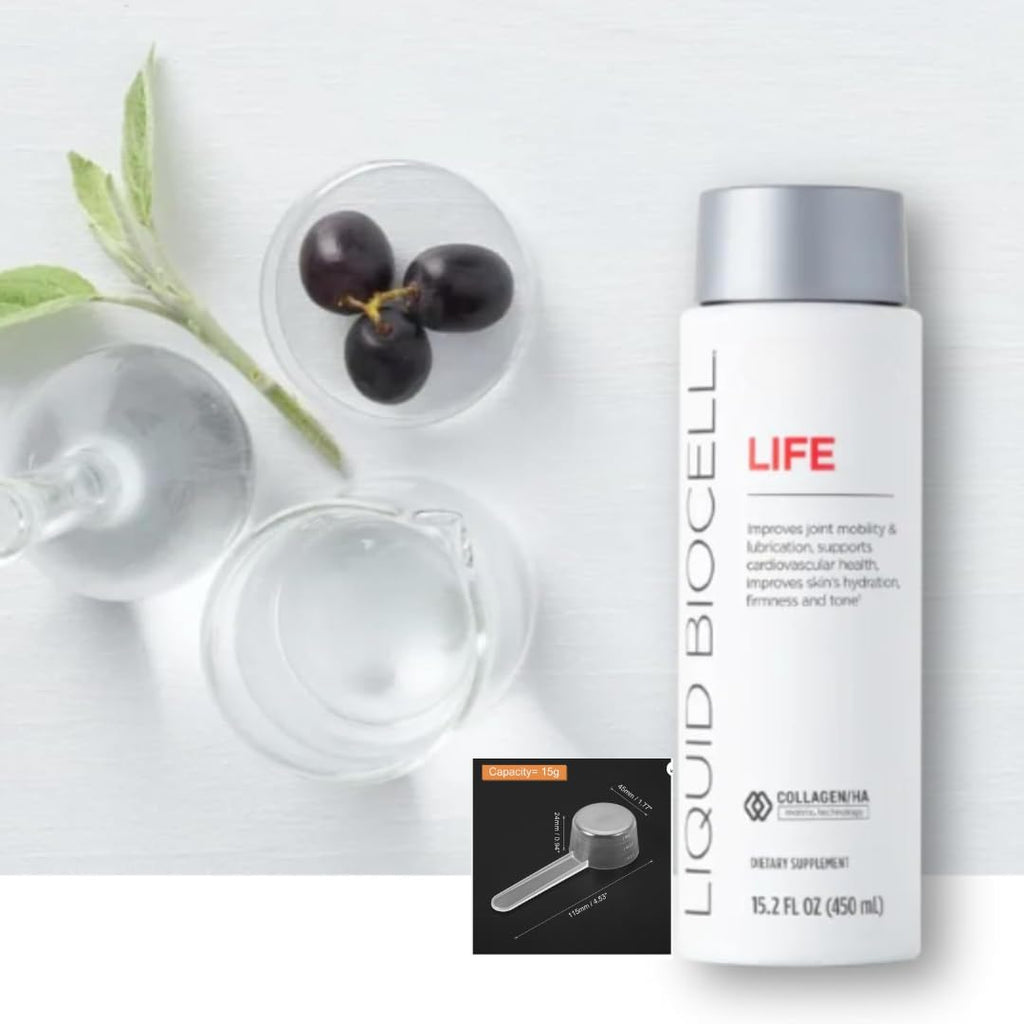 Liquid BioCell Life Liquid Collagen Supplement with Hyaluronic Acid and Type II Collagen - Anti-Aging Drink - 450 mL / 15.2 fl oz with Measuring Table Spoon