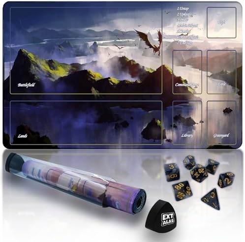 MTG Playmat TCG Playmat -Includes Storage Tube and 7 Dice-Experience Top-Tier Quality and Edge-Locking Waterproof and Non-Slip Mat! (playmat with Zones, 2-Flying Dragons)