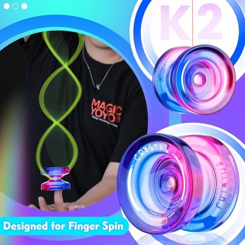 MAGICYOYO Gift Pack of 2 Yoyos K2, Responsive Yoyo for Kids Beginners, Dual Purpose Plastic Yoyo with Extra Unresponsive Yo Yo Bearing+ Removal Tool + 12 Yoyo Strings+ Yo-yo Case(Crystal Gradient)