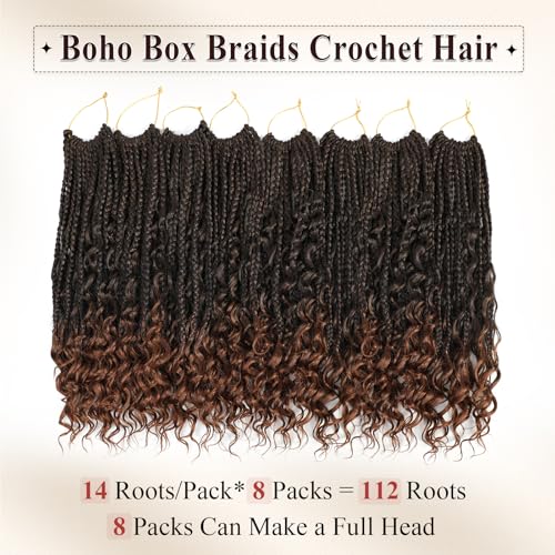 Boho Box Braids Crochet Hair 8 Packs Boho Crochet Braids Pre Looped 1B/30 Goddess Box Braids Crochet Hair for Black Women 14 Inch Boho Braids Crochet Hair Extension