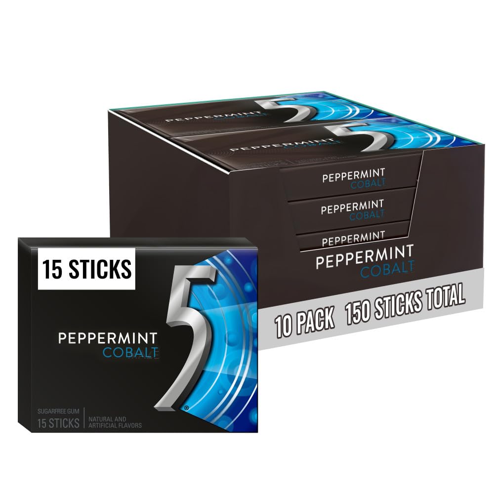 5 GUM Peppermint Cobalt Sugar Free Chewing Gum, Bulk, 15 Sticks, 10 Pack