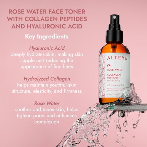 Alteya Organics Rose Water Face Toner with Collagen Peptides and Hyaluronic Acid - 4 Fl Oz/ 120mL