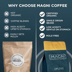 Magni Coffee - Whole Beans - Light Roast - Low Acid - Single Origin USDA Organic Non-GMO Beans Third Party Tested For Mycotoxins & Pesticides - Fair Trade -12 Oz