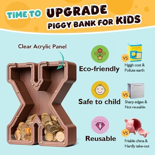 Summidate Wooden Letter Piggy Bank, Extra Thick Large Capacity Piggy Bank for Kids Boys Girls Toddler, Alphabet X Money Bank| Coin Box Birthday, Christmas, Festival