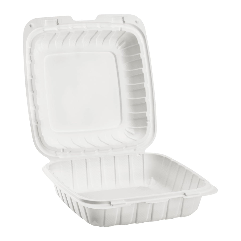 KARAT EARTH Clamshell Take Out Food Containers [8"x8" - 200 ct] To Go Containers | Microwavable, Freezer Safe, Soak-Resistant, Durable, Stackable | Vented for Hot/Cold Foods, White