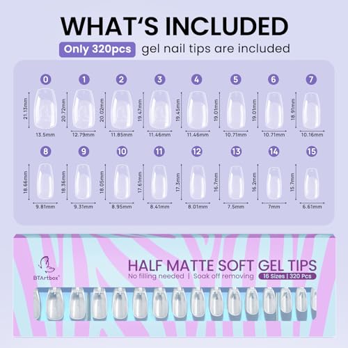BTArtbox Short Coffin Fake Nails - 320pcs Short Nail Tips Pre-shape Half Matte Soft Gel Tips, Full Cover Clear Acrylic False Nails fot Nail Extension Home DIY Nail Salon