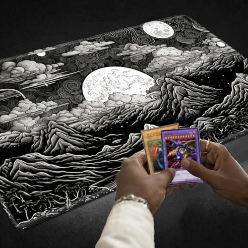 for MTG Playmat TCG Board Game Mat Plus 50 Pcs Card Sleeves, 24 x 14 Table Mats Black and White Landscape Game Mousepad with Soft Surface Non-Slip Base for MTG Trading Card Game Playmats